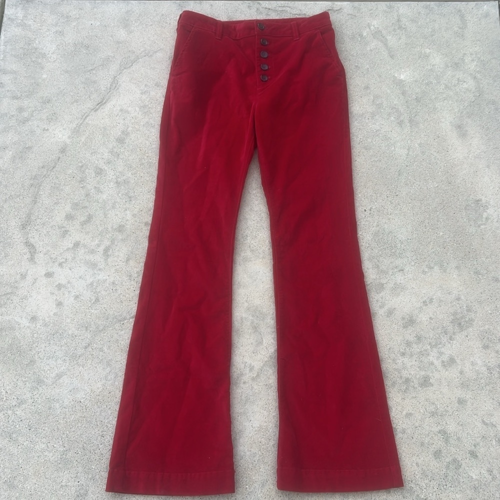 Free People Women's Red Velvet High Rise Flare Leg Button Fly Pants Size 26